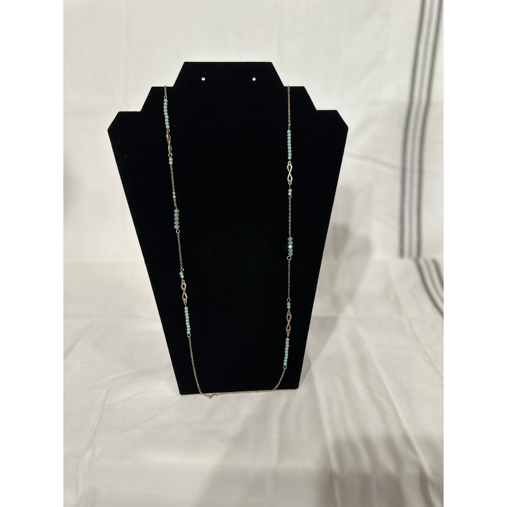 Neu Collection Gold Tone Infinity Blue Bead Long Necklace and Earring Set NWT